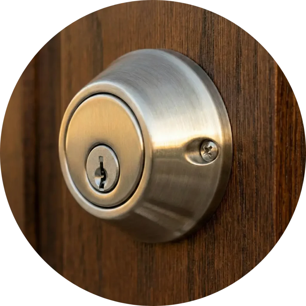Shiny new lock installed into a wooden door - Oxnard Locksmith